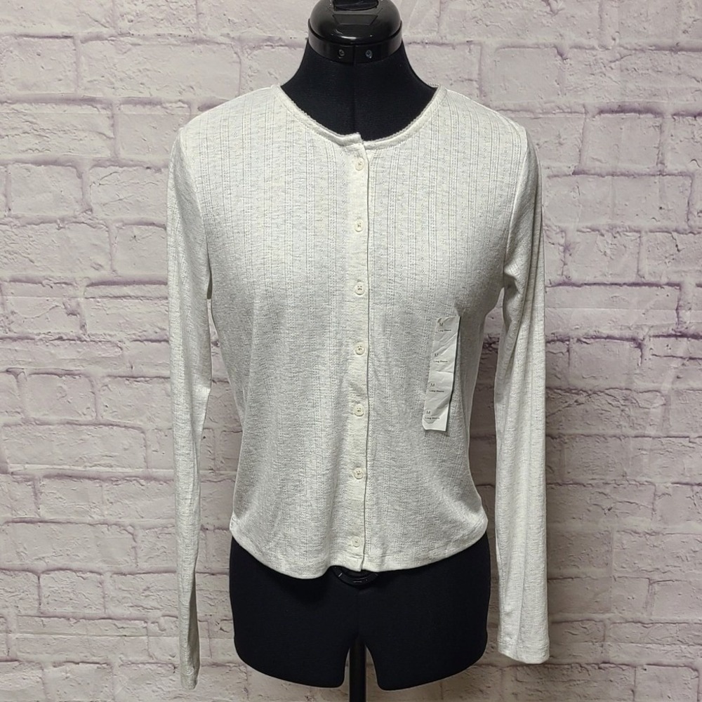 Wild Fable Womens Light Gray Pointelle Knit Button Down Cardigan Long Sleeve Top